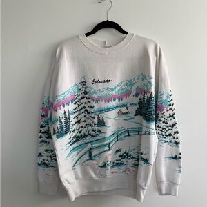 Colorado Scenic Snowy Sweatshirt - White with Teal & Pink Print